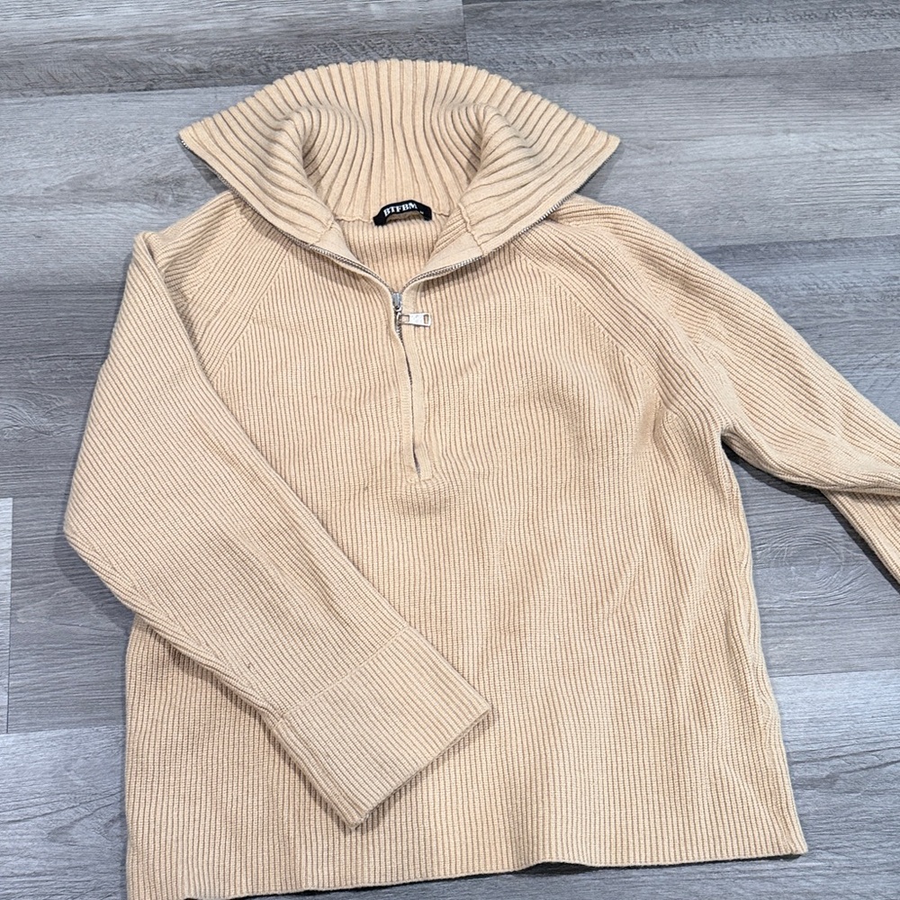 Camel Ribbed Half-Zip Turtleneck Sweater